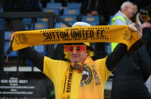 SUTTON, GREATER LONDON - JANUARY 29: A Sutton United fan during the Emirates FA Cup Fourth Round match between Sutton United and Leeds United at the Borough Sports Ground on January 29, 2017 in Sutton, Greater London. (Photo by Catherine Ivill - AMA/Getty Images)