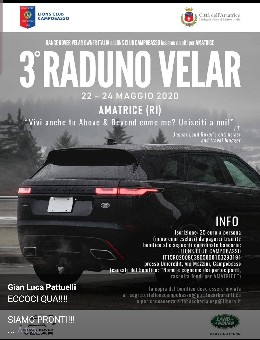 Il Lions Club Campobasso per Amatrice in un evento condiviso con i possessori della Range Rover Velar - CBlive - CBLive